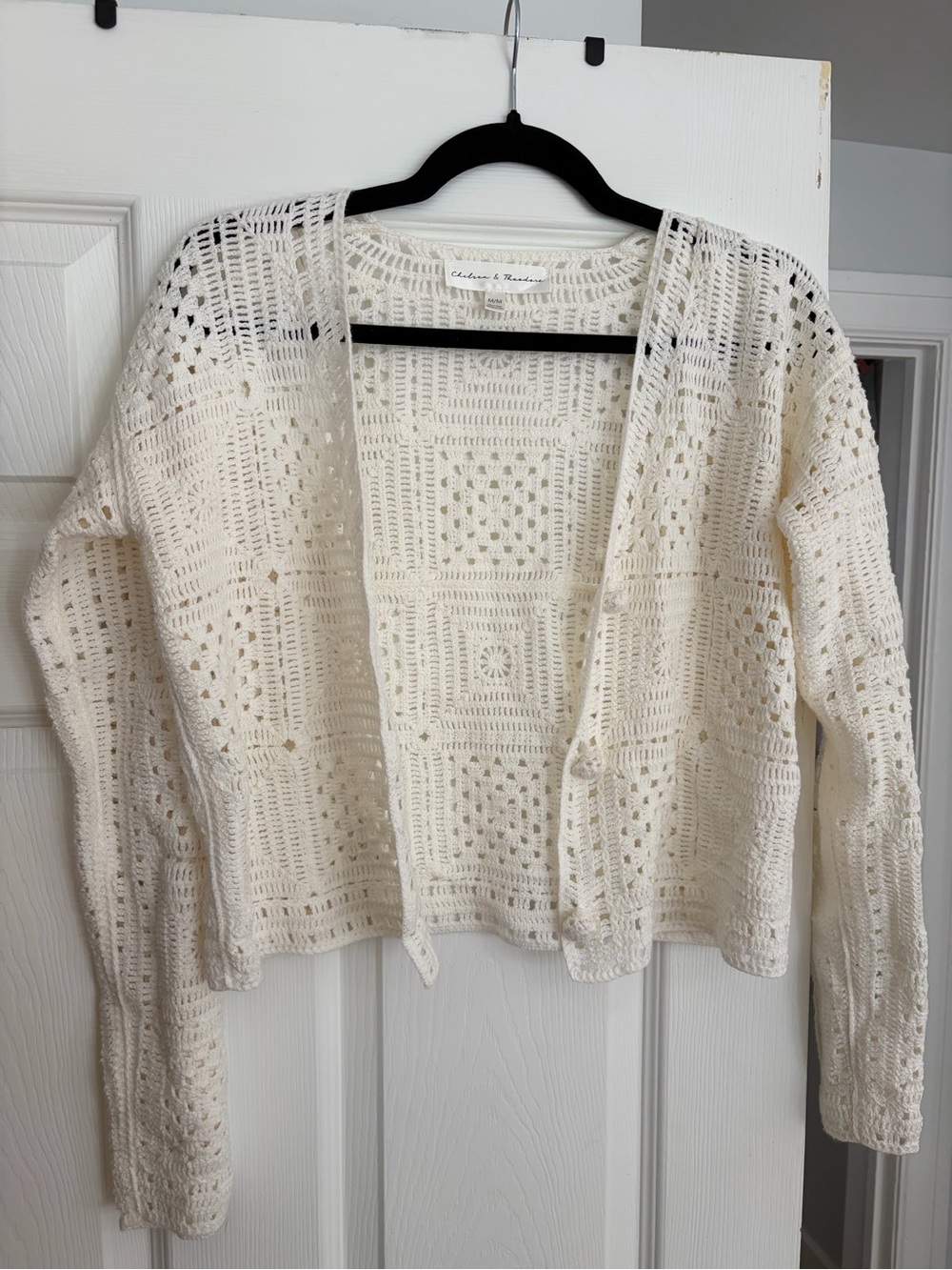 Chelsea & Theodore Cream Crochet Open-Front Cardigan